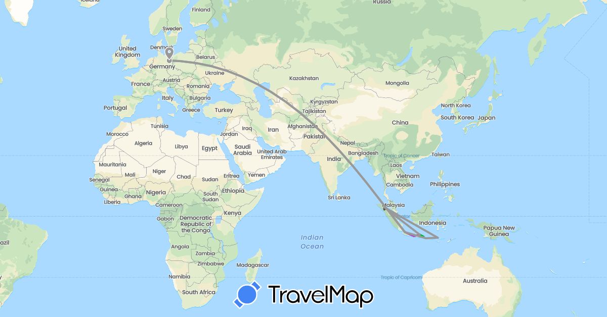 TravelMap itinerary: bus, plane, train, motorbike in Germany, Indonesia (Asia, Europe)
