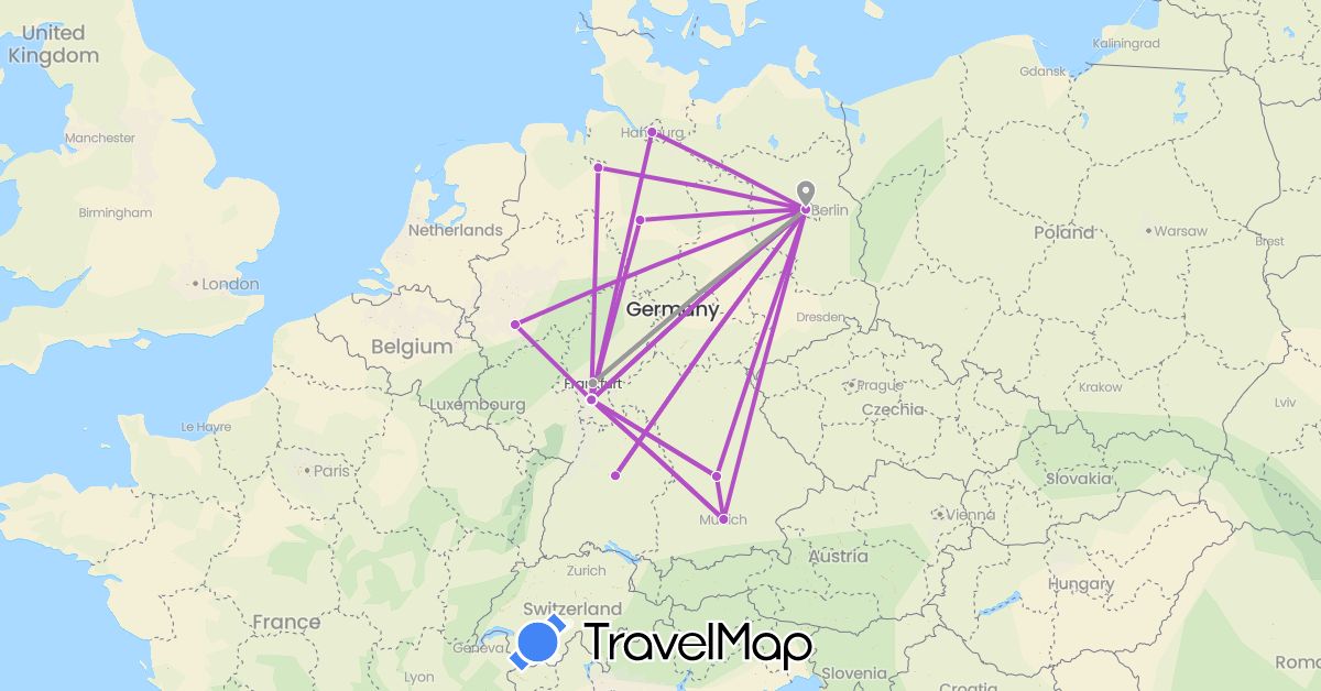 TravelMap itinerary: driving, plane, train in Germany (Europe)