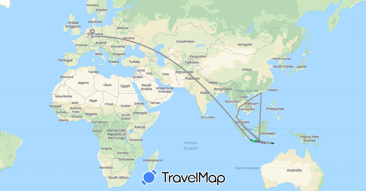 TravelMap itinerary: driving, bus, plane, train, boat, motorbike in Germany, Hong Kong, Indonesia, Malaysia, Singapore, Thailand (Asia, Europe)